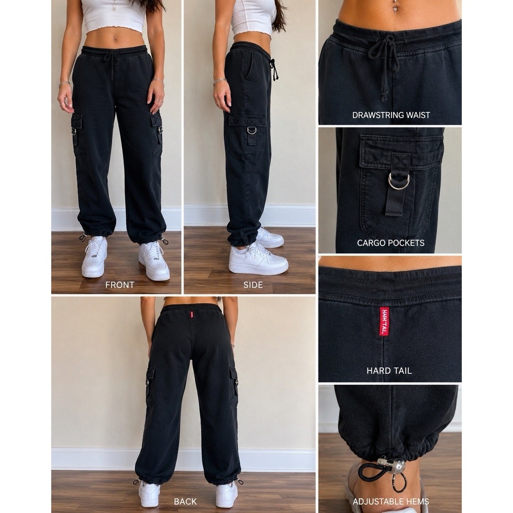 Hard Tail Black Cargo Sweatpants Womens Y2K Joggers D Ring Drawstring Boho Sz S